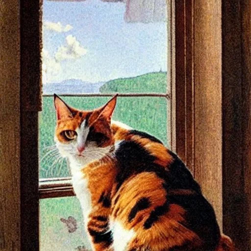 Image similar to A very content calico cat sitting on a wooden table looking out a window, artist is Norman Rockwell,