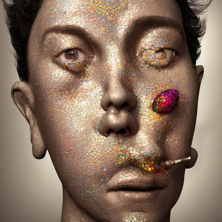 Prompt: octane render portrait by wayne barlow and carlo crivelli and glenn fabry and salvador dali and wes anderson, a beautiful woman hatching out of a perfect colorful patterned iridescent silver egg, cinema 4 d, ray traced lighting, very short depth of field, bokeh