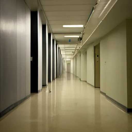 Prompt: endless hospital hallways lit by cold fluorescent lights, eerie, liminal, the back rooms, the outer church