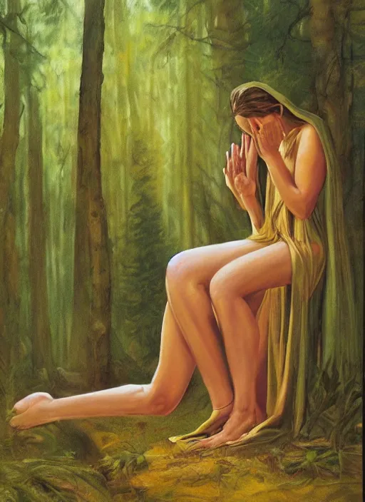 Prompt: single woman praying at a forest alter boris vallejo