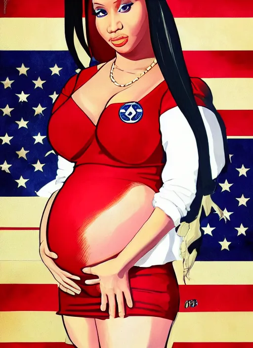 Prompt: pregnant nicki minaj in nazi uniform, president election usa propaganda poster, usa flags in the background, colored, artgerm, highly detailed