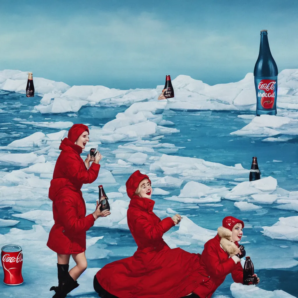 Image similar to woman wearing a parka drinking a bottle of coke in front of an icy polar landscape, polar bear in the far background, coka-cola advertisement, pinup style, retro ad, print advertising, 1960's, trending on artstation