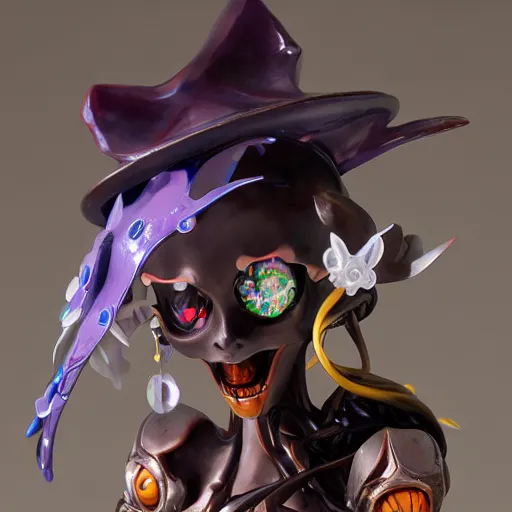 Image similar to by Yoshitaka Amano, by James Jean, by Good Smile Company, detailed resin anime sculpture of a 26yo female jester necromancer wearing a skull hat, close up dslr studio photograph, headshot, portrait, artstation, sci fi futuristic costume, rim lighting