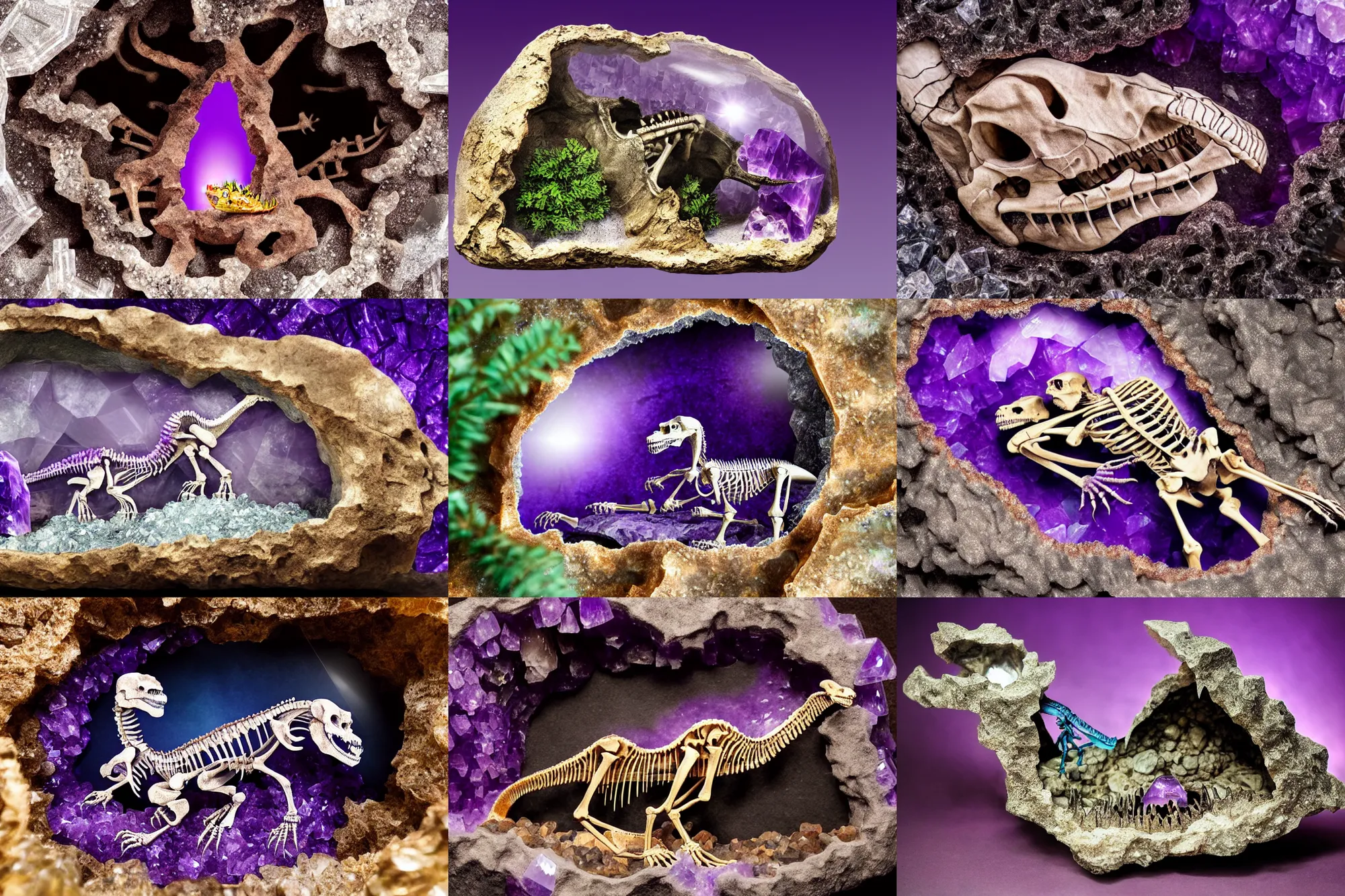 Prompt: dinosaur skeleton inlaid in a crystal geode ((inlaid in a crystal geode))(((in a crystal geode))), ((amethyst)), matte-painting