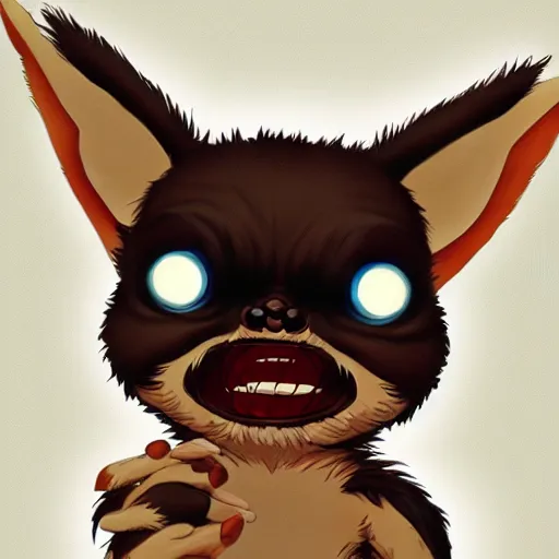 Image similar to Gizmo Mogwai from Gremlins playing around, cute anime, by Ghibli, trendy on artstation