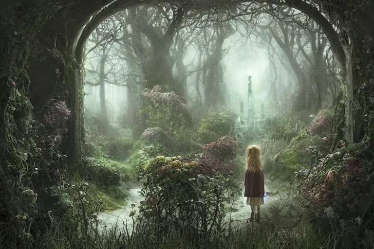 Image similar to secret garden, dark, spooky, dreamlike, in the style of pan's labyrinth movie, low light, hyperrealistic, coherent composition, artstation, matte painting, concept art, edward hughes