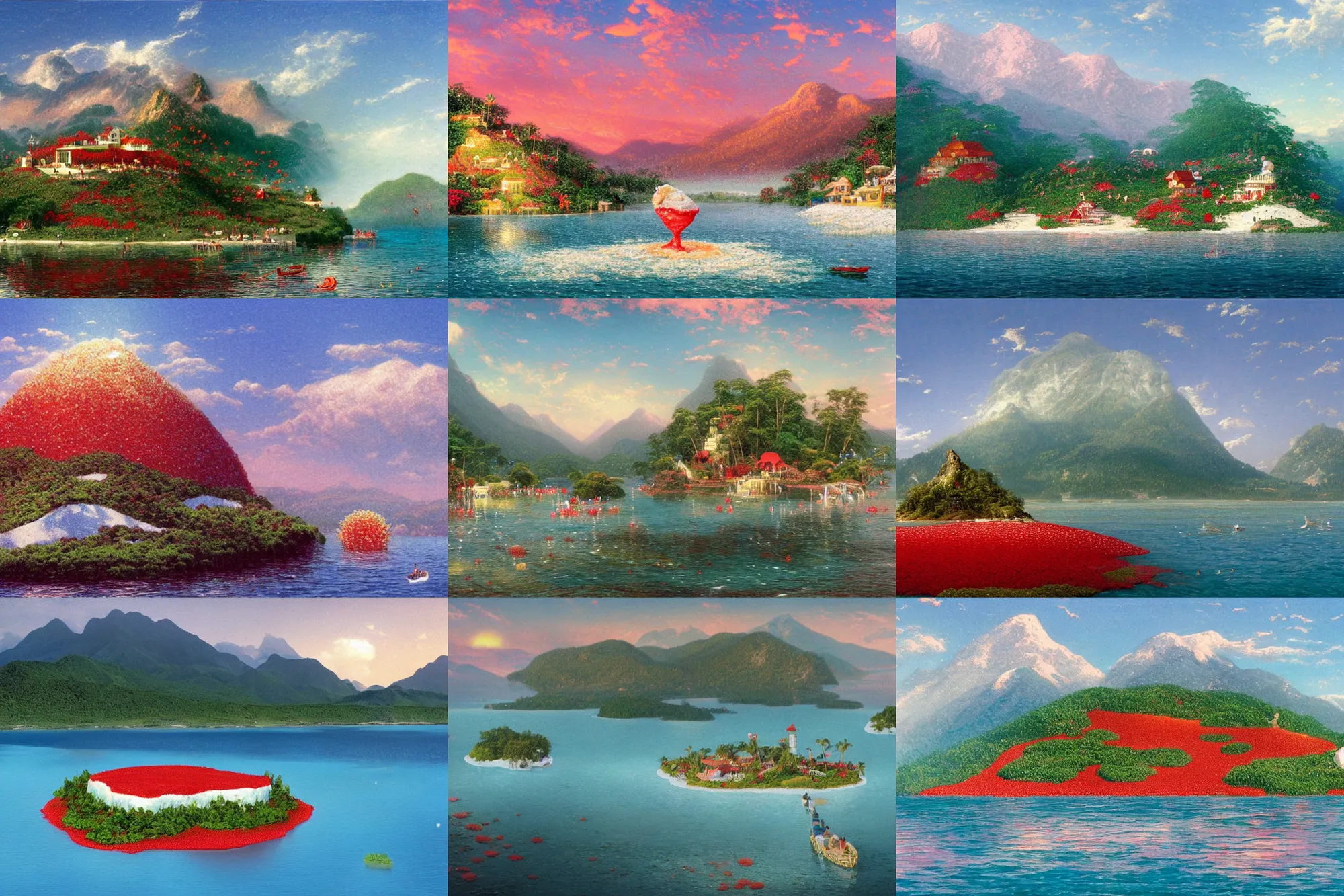 Prompt: an island made of red caviar, in the center of this island there are several mountains made of white ice cream, the water around this island is made of coca - cola ( dark brown water ), the photo was taken from a boat, lemon slices float on the water, by thomas kinkade