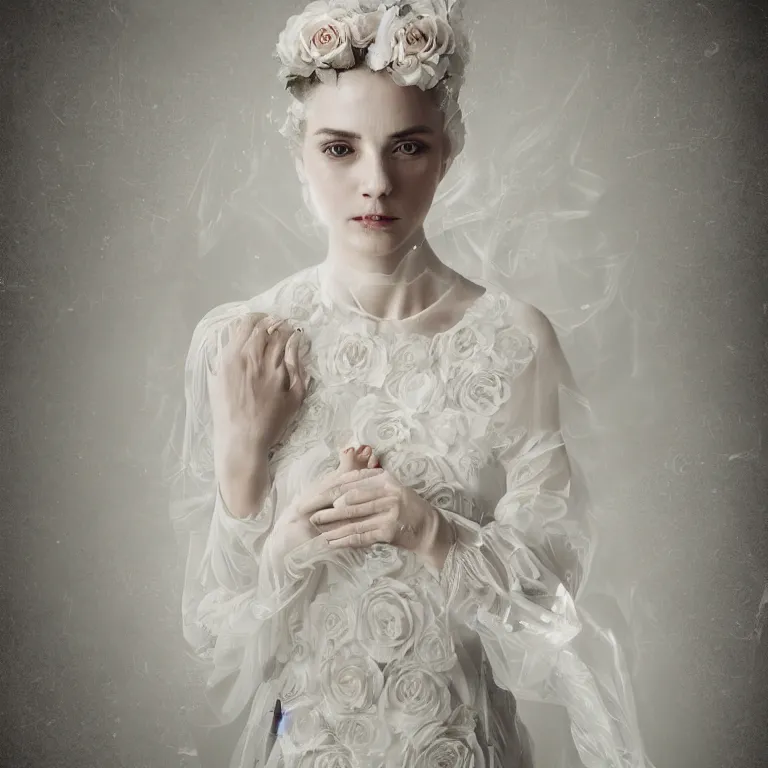 Prompt: hight focus of a wonderful realistic focused sweet wonderful symmetrical mid portrait of a lonely woman with a detailed wonderful, majestic, large semi transparent cream cotton dress ornate with semi transparent cotton roses and semi transparent white veils, dramatic light, octane render - 8 k