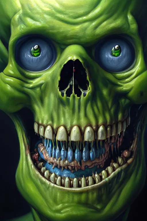 Image similar to a beautiful oil painting hyperrealism of a happy smiling zombie head, green bulging eyes, rotten green skin, grey beard, blue veins, skull bones, moody lighting, 8 k resolution, octane render, trending on artstation, by h. r. giger and greg rutkowski