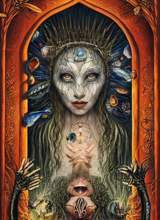 Prompt: tarot card of the queen of dreams by carol bak, jacek yerka, Gediminas Pranckevicius, alex gray, dan mumford and h.r. giger, oil on canvas, 8k highly professionally detailed, HDR, trending on artstation