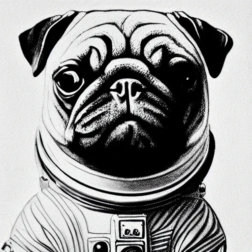 Image similar to pencil art, golden - ratio, spirals, highly detailed, astronaut pug in outer space by davinci.