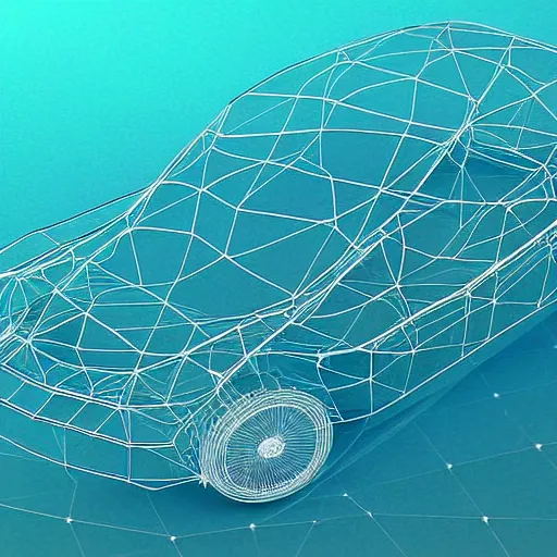 Prompt: deep turquoise water covers a transparent car transparent wireframe, digital art