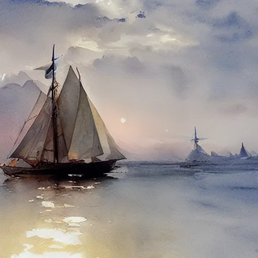 Prompt: watercolor painting of boat with sail, art by anders zorn, wonderful masterpiece by greg rutkowski, beautiful cinematic light, american romanticism by greg manchess, creation by tyler edlin