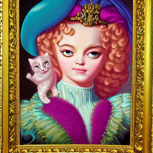 Prompt: baroque rococo pastel beautiful queen with kitten Greg Hildebrandt Lisa frank portrait