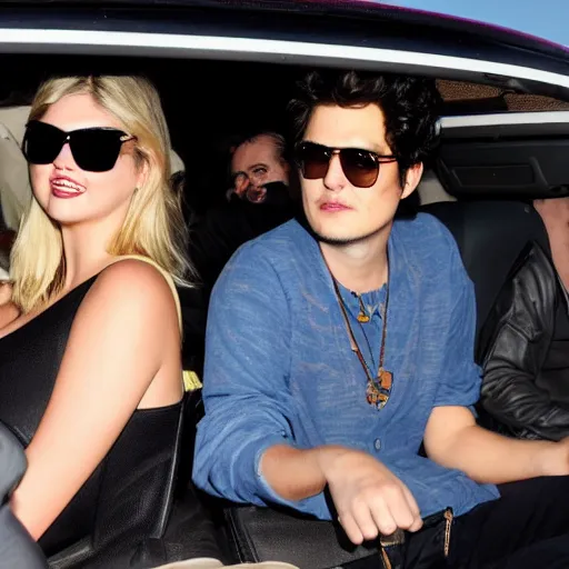 Image similar to kate upton and john mayer are sitting in a convertible driving around while a hip - hop group is playing.