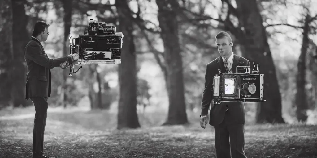 Image similar to a man in a brown suit holding a homemade time machine, cinematic, 5 0 mm lens, dramatic lighting, shot on arri alexa, filmic