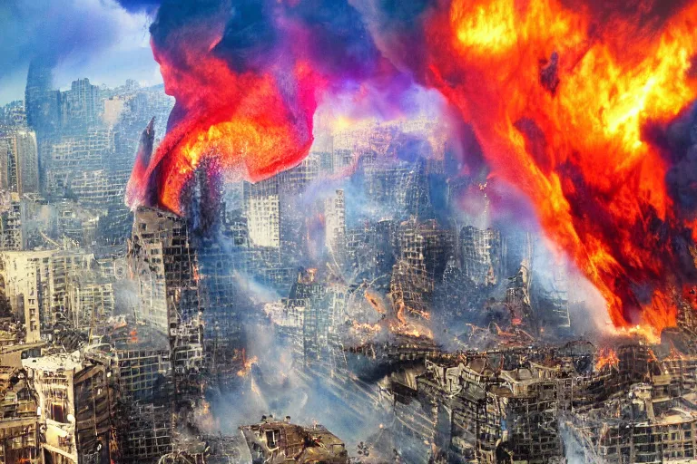 Prompt: destructive fire tornado in the city, photorealistic, highly detailed, sharp focus, vivid, colorful, symmetrical, random, convoluted, mind - blowing, creative, fully functional, end of the world, physics defying, amazing, loud