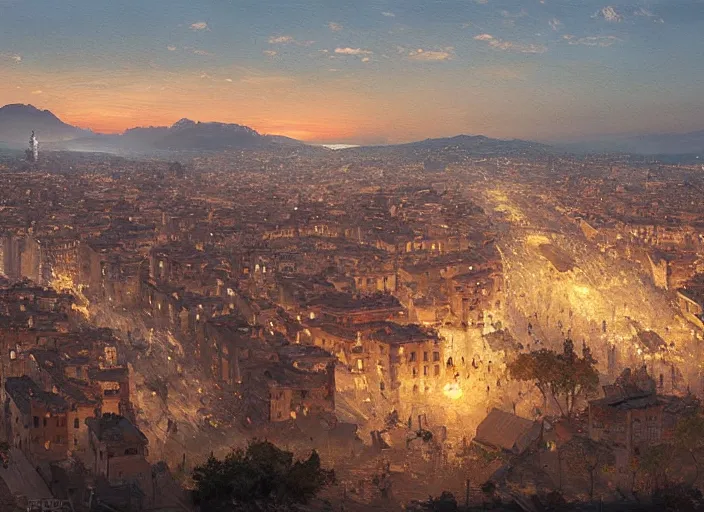 Prompt: A painting of a panoramic view of Pescara at sunset, by Greg Rutkowski and James Gurney, trending on Artstation, highly detailed