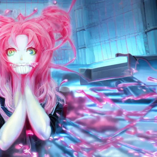 Image similar to engulfed and overpowered by stunningly absurdly beautiful megalomaniacal omnipotent asi goddess junko enoshima with symmetrical perfect face, porcelain skin, pink twintail hair and cyan eyes, trapped inside her inescapable prison, ultra detailed, digital art, unreal engine 5, octane render, 2 d anime, 8 k