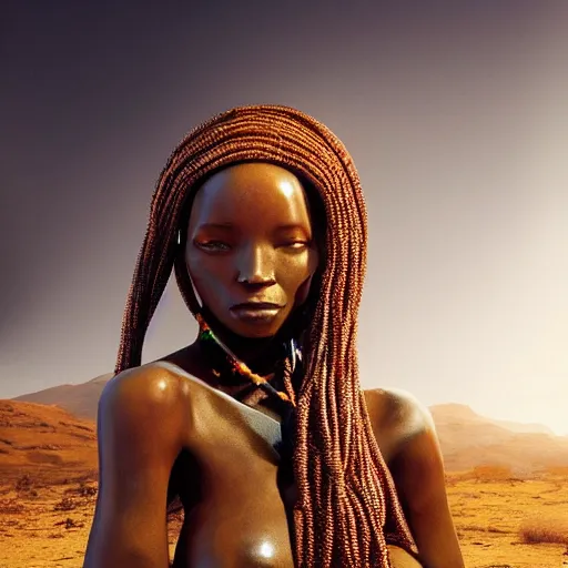 Image similar to beautiful futuristic himba woman, robotic arms, weightless in space, hyperrealistic, scifi, concept art, photograph, portrait, backlit