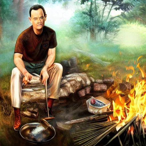 Prompt: tom hanks as forrest gump holding a giant shrimp skewer over a campfire in the jungle, realistic digital painting, in the style of Aleksi Briclot, photoreailstic, realistic face, amazing detail, sharp