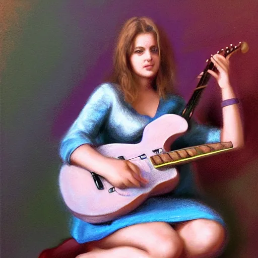Image similar to women playing guitar, televisions, artstation, photoreal cinema still, pastel in the style of bruce weber