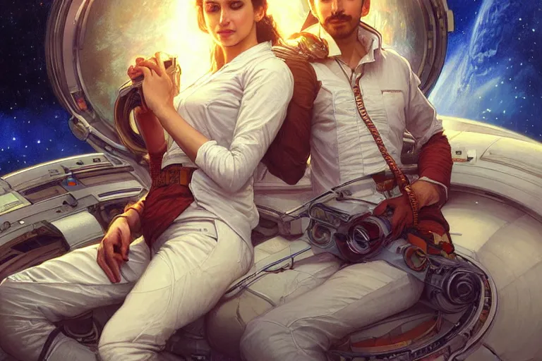 Image similar to Pensive good looking pale young Indian doctors wearing jeans in a space station above Earth, portrait, elegant, intricate, digital painting, artstation, concept art, smooth, sharp focus, illustration, art by artgerm and greg rutkowski and alphonse mucha