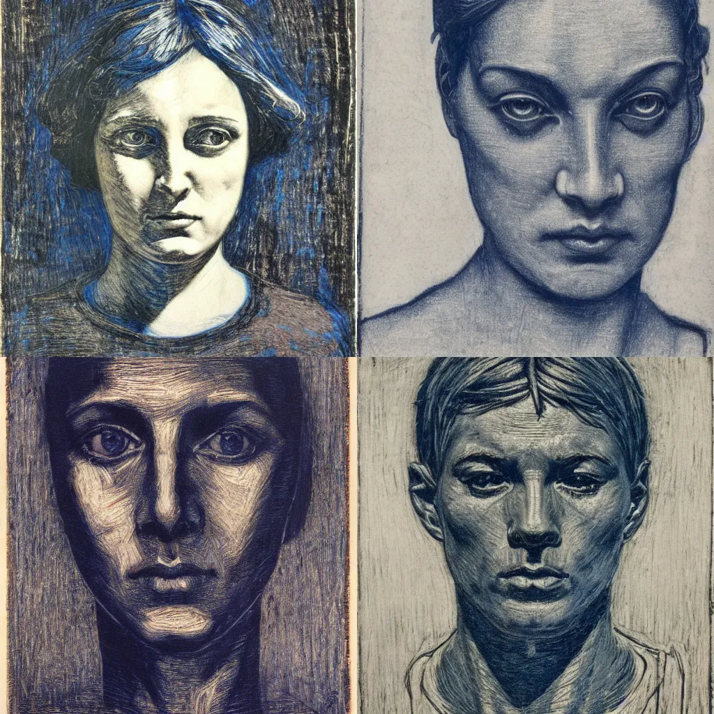 Prompt: portrait, realism, woodcut, symbolist ( 1 9 2 2 ), pyrrol scarlet, titanium white, phthalo blue, stathmore 4 0 0, 3 5 mm, f 3 2, grisaille, luminous