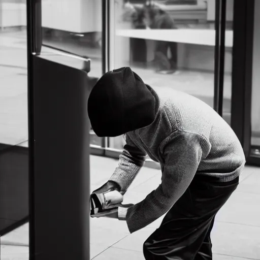 Image similar to a thief caught stealing from the bank, professional photography