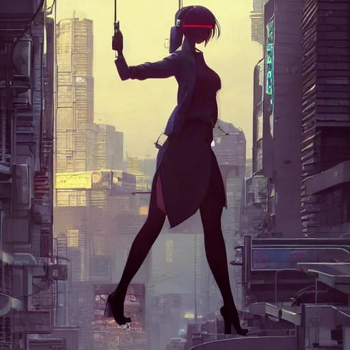 Image similar to concept art character, very high angle view, book cover, very attractive woman with full lips, slender figure, walking in cyberpunk valley highly realistic, fine details, Anime, realistic shaded lighting by Ilya Kuvshinov katsuhiro otomo ghost-in-the-shell, magali villeneuve, artgerm, rutkowski, WLOP Jeremy Lipkin and Giuseppe Dangelico Pino, borderlands 3 style, Michael Garmash and Rob Rey book cover, extremely fine inking lines