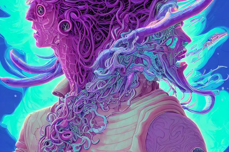 Image similar to cell shaded, a vaporwave ombre biomechanical druid of creativity, flowing hair, beautiful character fashion design, by josan gonzalez, shag, nagel, and paul lehr and david heskin and seb mckinnon and jared s. merantz and alex grey, hi - fructose, 8 k, digital matte painting