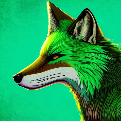 Prompt: digital fox, retrowave palette, digital world, highly detailed, electric breeze, anatomically correct green vulpine, synth feel, green fluffy face, green ear floof, flowing fur, super realism, accurate animal imagery, 4 k digital art