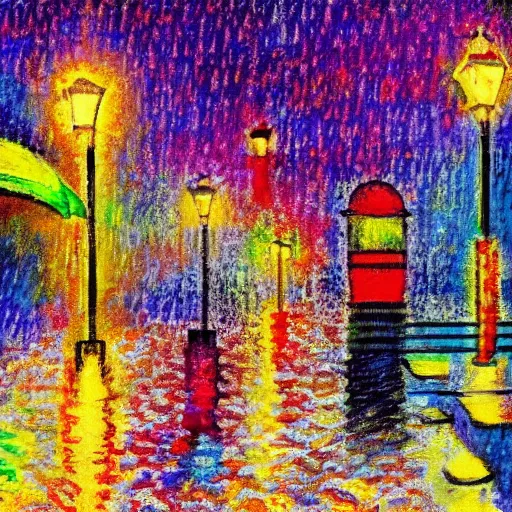 Image similar to streetlamp, rainy, night, kandinsky, impressionist, pastel, high contrast