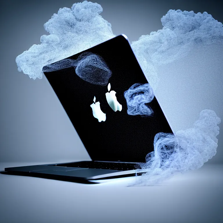 Image similar to a photo portrait of a macbook disintegrating in smoke particles, cinematic photography, smoke rising like clouds, photorealism, canon 5 d, 5 0 mm lens, super resolution, cgi, volumetric lighting & shadows, hyper detailed, 8 k, unreal engine,