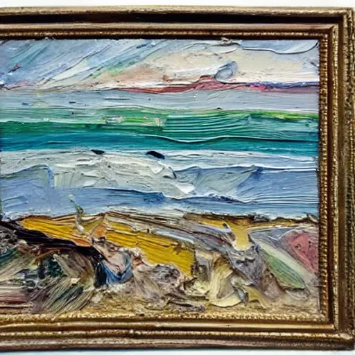 Image similar to oil paint impasto relief, beautiful italian beach scene, multi layered thick brush marks, some splattered paint, in the style of lucian freud and frank auerbach