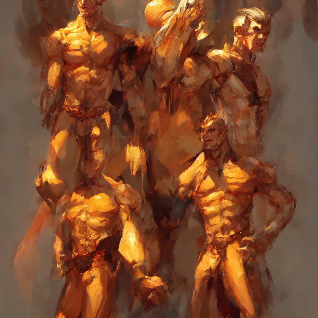 Prompt: tall, buff elf with short brown hair. He wears fine brown noble clothes. His skin is a vibrant orange yellow. by craig mullins, featured on artstation