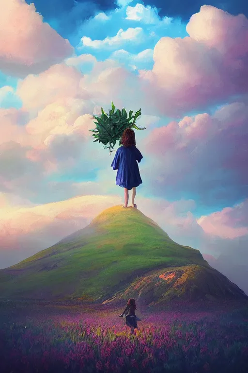 Image similar to perspective giant dahlia flower as head, girl standing on mountain, surreal photography, blue storm clouds, dramatic light, impressionist painting, digital painting, artstation, simon stalenhag