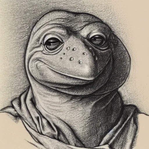 Image similar to traditional portrait of kermit in front of a window, close up, realistic, drawing by Albrecht Dürer