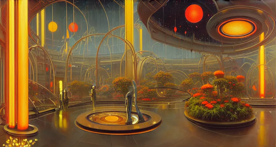 Prompt: a minimalist oil painting by donato giancola, warm coloured, cinematic scifi bioluminescent luxurious futuristic foggy steam filled art deco garden circular shopping mall interior with microscopy minimalist giant windows flowers growing out of pretty bulbous ceramic fountains, gigantic pillars and flowers, maschinen krieger, beeple, star trek, star wars, ilm, star citizen