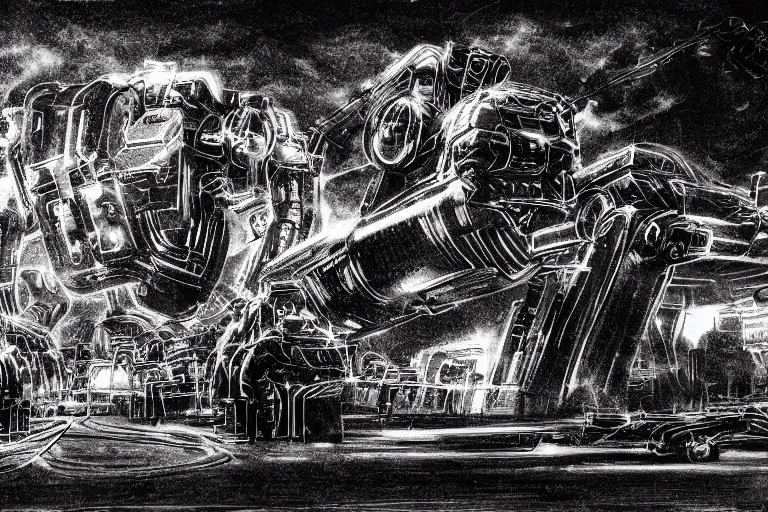 Image similar to ''robotic giant machines, chaotic atmosphere, blurry, cinematic, drawing''