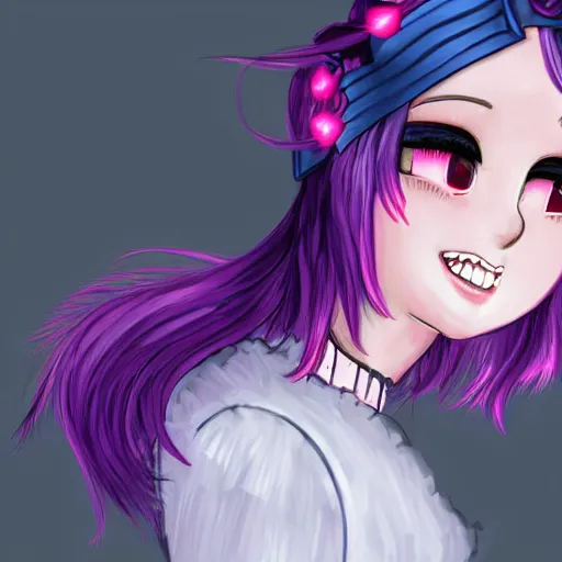 Prompt: girl with short wavy pink-purple hair with bangs, wears a black headband, has long eyelashes with dark eyes and smiling faintly, wears a long-sleeved blue blouse with frills, a long pink flare-skirt. looking sideways. Dark Digital art