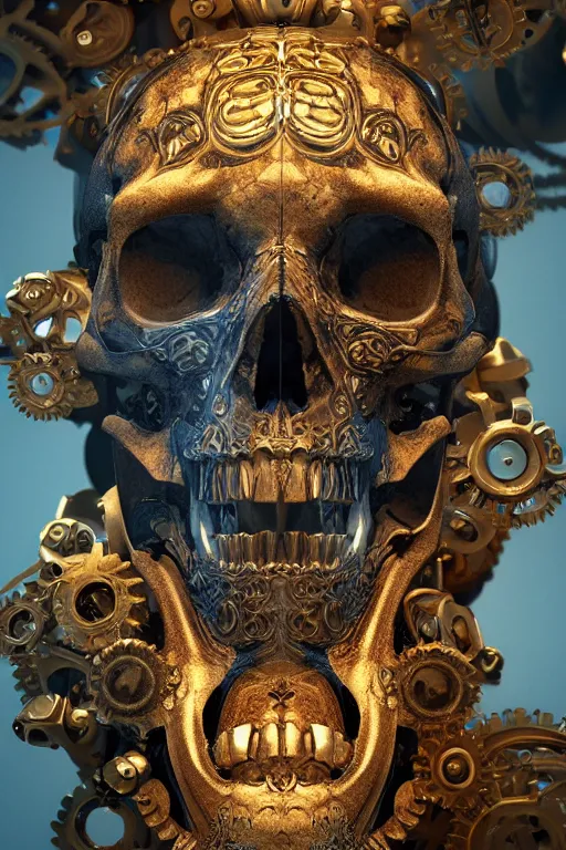 Image similar to hyperrealistic 3d render ultra detailed of a skull, art deco, steam punk, intricate gears details, hyperrealistic, Volumetric lighting, ultra detailed, elegant, octane render, blue and gold, 8k, trending on Artstation, unreal engine