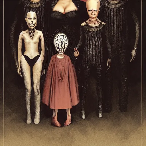 Image similar to Family portrait of Kim Kardashian and her husband pinhead from 'Hellraiser!'. with their 3 children. illustration, highly detailed by Greg Rutkowski