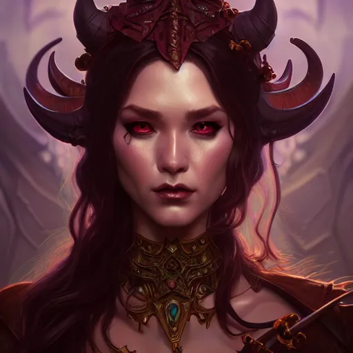 Image similar to demon, female, d & d, fantasy, intricate, elegant, highly detailed, digital painting, artstation, octane render, concept art, matte, sharp focus, illustration, hearthstone, art by artgerm and steve argyle and alphonse mucha