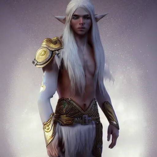 Image similar to a highly detailed male elf in full length, with white long hair, white clothes, bright blue eyes, artstation, DeviantArt, professional, octane render