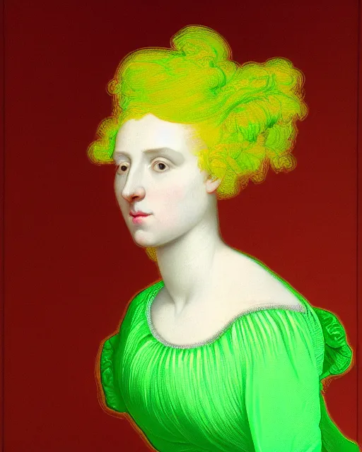 Image similar to photo-realistic portrait of a young pale woman with pink hair, wearing a neon green dress by Vivienne Westwood, intricate details, super-flat, in the style of James Jean, Jean Auguste Dominique Ingres, black background