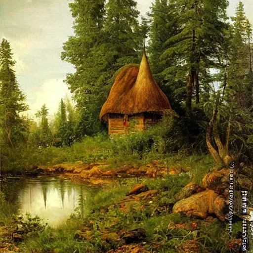 Image similar to small cottage in the forest by ivan shishkin, oil on canvas, highly detailed, whimsical, fantasy