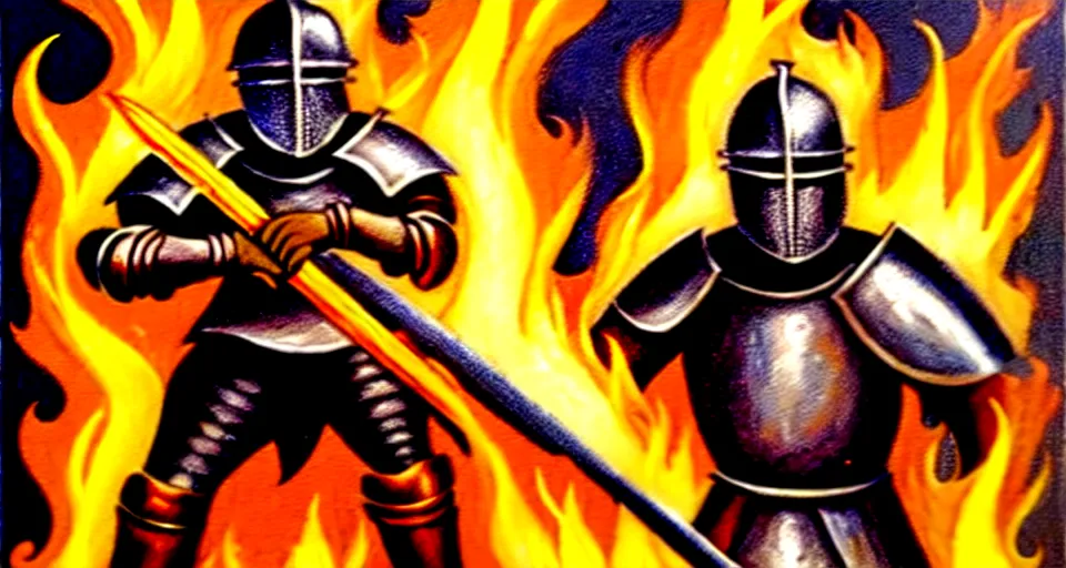 Image similar to An oil painting of a knight in dark metal armor wielding a flaming sword