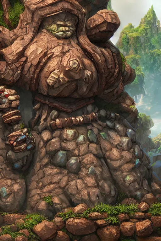 Image similar to zelda fantasy art giant golem troll wood rock greeble gemstone, global illumination ray tracing hdr fanart arstation by sung choi and eric pfeiffer and gabriel garza and casper konefal