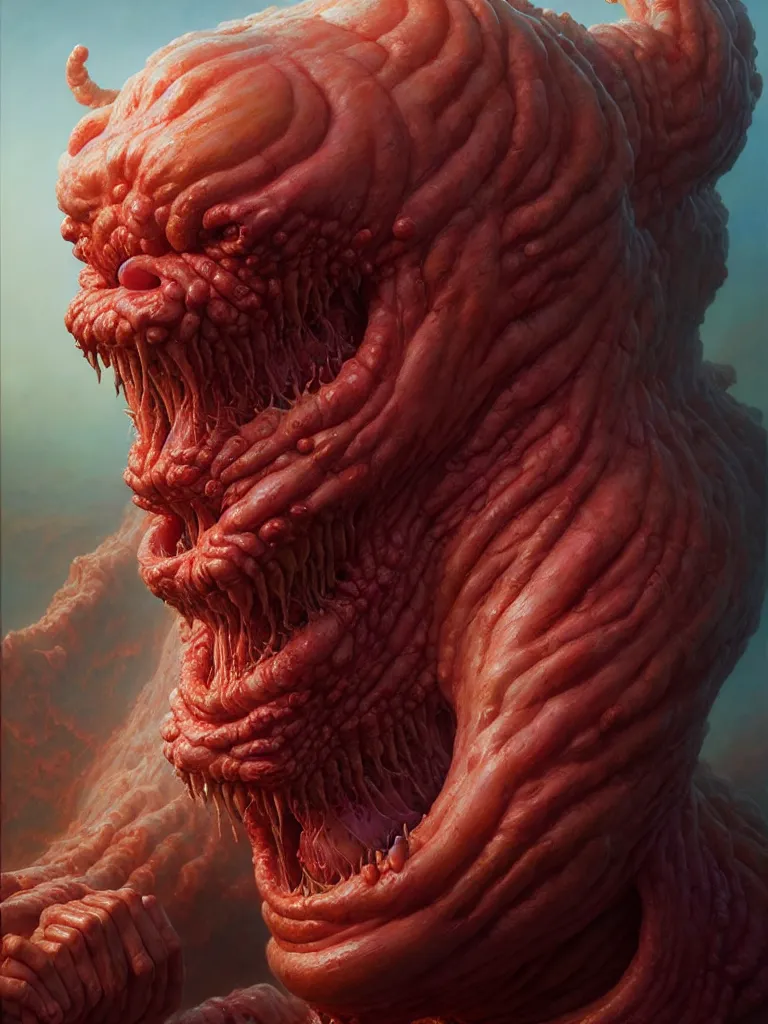 Image similar to hyperrealistic rendering, fat smooth cronenberg flesh monster final fantasy behemoth by donato giancola and greg rutkowski and wayne barlow and zdzisław beksinski, eyeballs, product photography, action figure, sofubi, studio lighting, colored gels, colored background